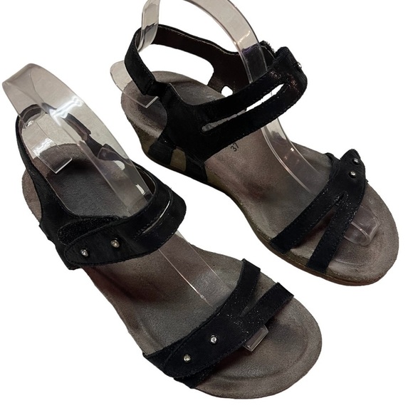 Mephisto cork wedge heel sandals Minoa black size 37 lizard rhinestone - Picture 1 of 9